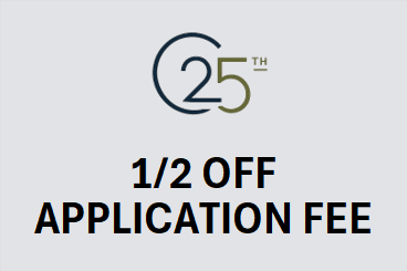 A dark blue background with the text "1/2 OFF APPLICATION FEE" and a logo with the letters "PP".