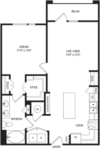 1 bedroom, 1 bath floorplan. entry nook. L-shaped kitchen with island and butlers pantry. open to living/dining area. double sink vanity in bath. Two closets in bedroom. Washer/Dryer. Balcony