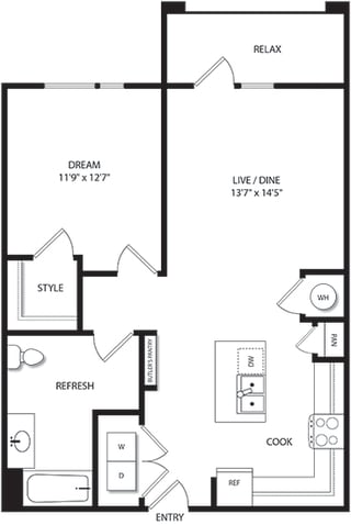 1 bedroom, 1 bath floorplan. L-shaped kitchen with kitchen island sink. butlers pantry. open to living/dining. Walk-in Closet. Washer/Dryer. Balcony