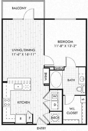 The Smith. 1 bedroom apartment. Kitchen with bartop open to living/dinning room. 1 full bathroom. Walk-in closet. Patio/balcony.