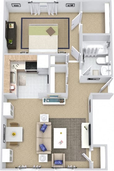 Ashford 3D. 1 bedroom apartment. Kitchen, living room. 1 full bathroom. Walk-in closet. Patio/balcony.