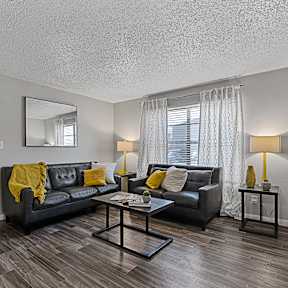 A living room with a black couch and a coffee table.