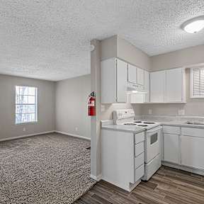 A kitchen with white appliances and a grey carpet.