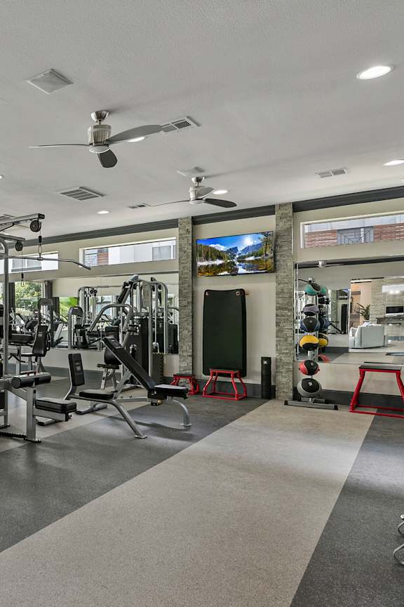A gym with a variety of equipment including weights and machines.