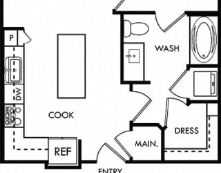 The Palm. 1 bedroom apartment. Kitchen with island open to living room. 1 full bathroom. Walk-in closet. Patio/balcony.