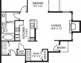 Applebrook - attached garage. 1 bedroom apartment. Kitchen with island open to living & dinning rooms.  Study area. 1 full bathroom, double vanity. Walk-in closet. Patio/balcony. Optional fireplace.