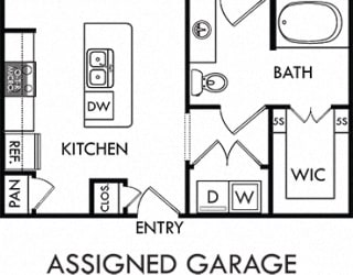 Bryant with Assigned Garage. 1 bedroom apartment. Kitchen with island open to living room. 1 full bathroom. Walk-in closet. Patio/balcony.