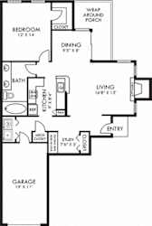 Applebrook - attached garage. 1 bedroom apartment. Kitchen with island open to living & dinning rooms.  Study area. 1 full bathroom, double vanity. Walk-in closet. Patio/balcony. Optional fireplace.