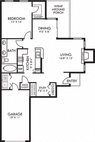 Applebrook - attached garage. 1 bedroom apartment. Kitchen with island open to living &amp; dinning rooms.  Study area. 1 full bathroom, double vanity. Walk-in closet. Patio/balcony. Optional fireplace.