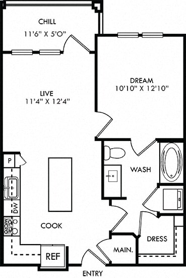The Palm. 1 bedroom apartment. Kitchen with island open to living room. 1 full bathroom. Walk-in closet. Patio/balcony.
