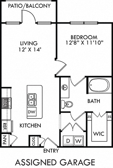 Bryant with Assigned Garage. 1 bedroom apartment. Kitchen with island open to living room. 1 full bathroom. Walk-in closet. Patio/balcony.