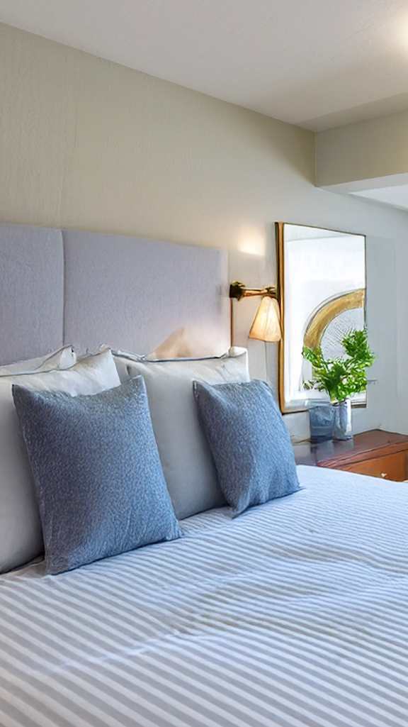 A bedroom with a large bed and a chair.