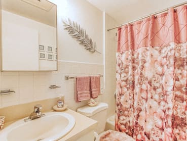 bathroom with sink, mirror, flowered curtain, and decor