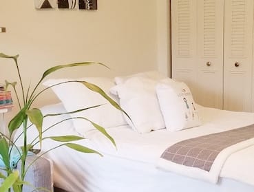 a bedroom with a bed, closet, and plants at Pine Woods Villa