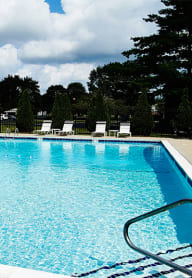 a swimming pool with chairs and trees in the background