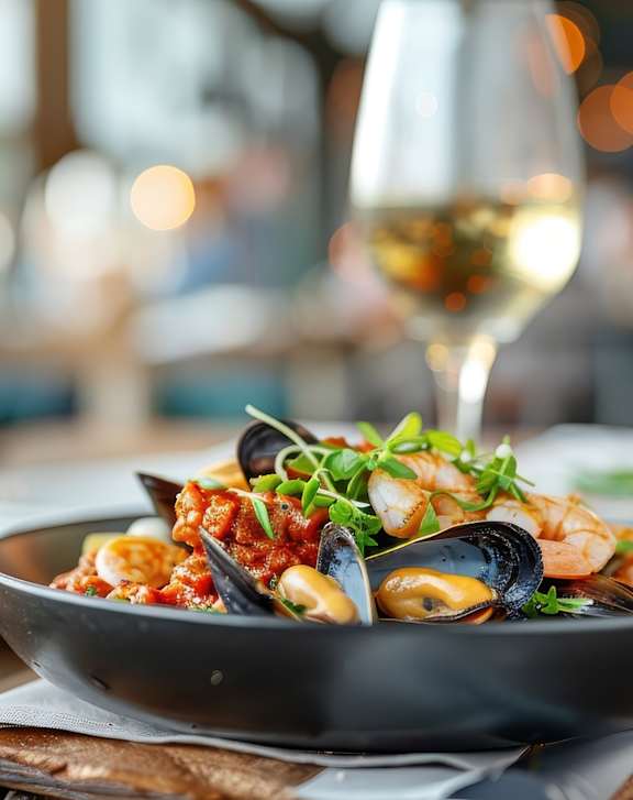 A bowl of seafood pasta is on a wooden table with a glass of white wine.