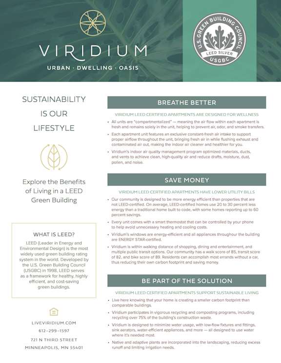 A flyer for Viridium, an urban, dwelling, oasis community, promoting sustainability, better breathing, and money-saving benefits.