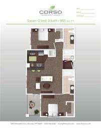 2 Bedroom 2 Bathroom Floor Plan at Corso Apartments, Missoula, Montana