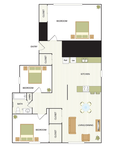 Floor Plan  Fusion Three Bedroom, One Bathroom