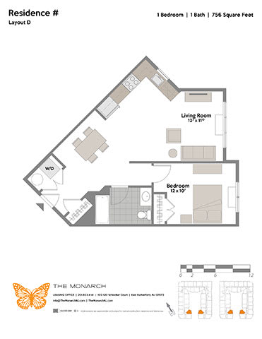 Floor Plan  Layout D 1 Bed 1 Bath Floor Plan at The Monarch, East Rutherford, NJ, 07073