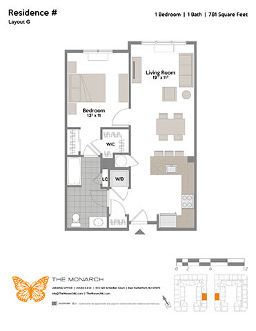 Layout G 1 Bedroom 1 Bathroom Floor Plan at The Monarch, New Jersey, 07073