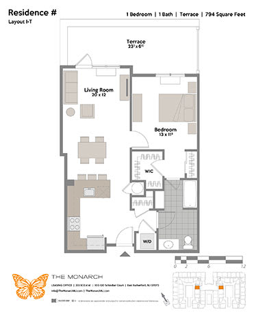 Layout I-T 1 Bed 1 Bath Floor Plan at The Monarch, East Rutherford, New Jersey