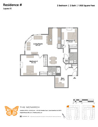 Layout X 2 Bed 2 Bath Floor Plan at The Monarch, East Rutherford, NJ