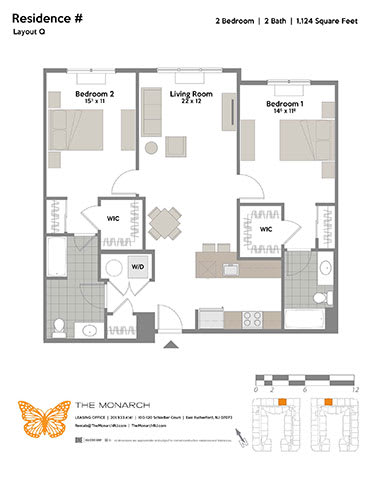 Layout Q 2 Bed 2 Bath Floor Plan at The Monarch, East Rutherford, 07073
