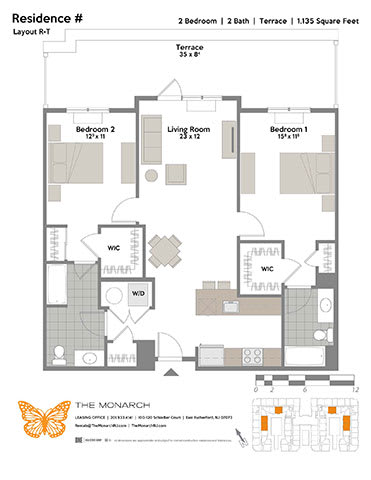Layout R-T 2 Bedroom 2 Bathroom Floor Plan at The Monarch, East Rutherford