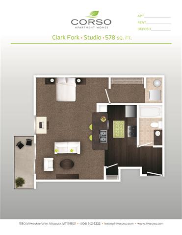 Floor Plan  Studio 0 Bed 1 Bath Floor Plan at Corso Apartments, Montana, 59801