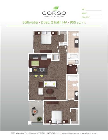2 Bed 2 Bath Floor Plan at Corso Apartments, Montana, 59801