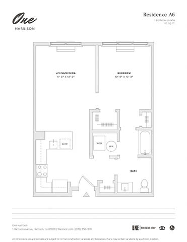 Floor Plan  Residence A6 1 Bed 1 Bath Floor Plan at One Harrison, Harrison, New Jersey