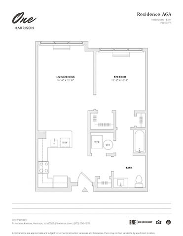 Floor Plan  Residence A6A 1 Bedroom 1 Bath Floor Plan at One Harrison, Harrison