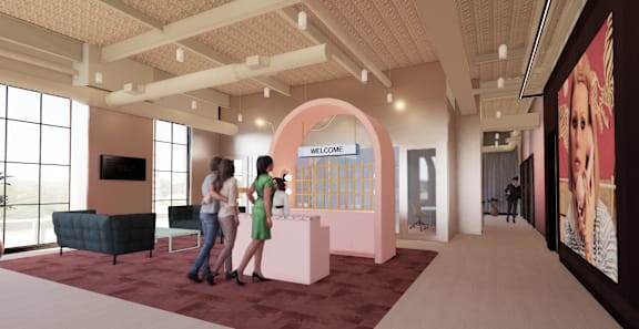A reception area with a large pink arch at University Commons in Pittsburgh, PA
