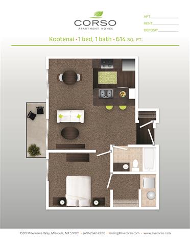 1 Bed, 1 Bath Floor Plan at Corso Apartments, Missoula, MT, 59801