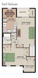 New Kent Vail Deluxe floor plan in West Chester, PA, featuring one bedroom, one bathroom, and a private balcony for a relaxing outdoor retreat