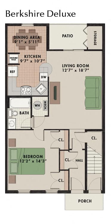 Stylish Deluxe Berkshire floor plan at New Kent Apartments in West Chester, PA, featuring one bedroom, one bathroom, and a charming patio for outdoor relaxation