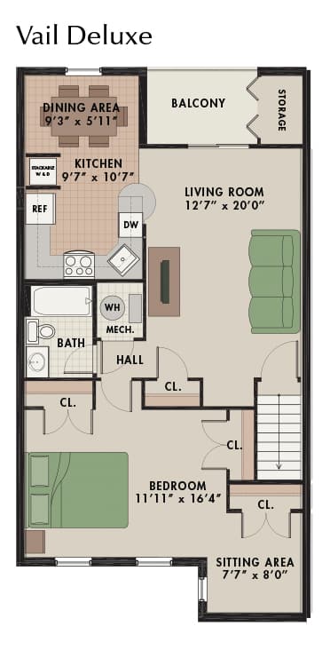 New Kent Vail Deluxe floor plan in West Chester, PA, featuring one bedroom, one bathroom, and a private balcony for a relaxing outdoor retreat