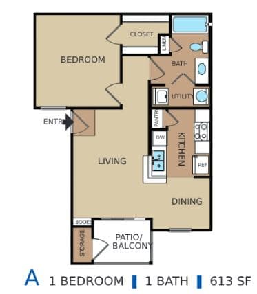 A diagram of a one bedroom apartment with 613 square feet.