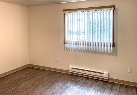 A room with a window and a radiator on the floor.
