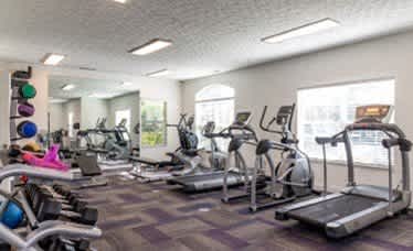 A gym with a variety of exercise equipment including treadmills, stationary bikes, and weight machines.