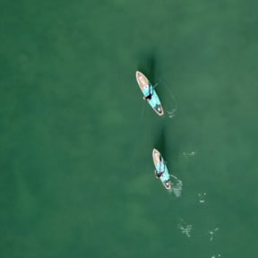 Aerial View of Two People on Paddle Boards