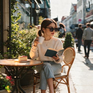 A woman is sitting at a table reading a book and drinking coffee.