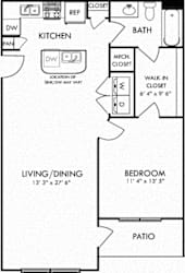 Duke. 1 bedroom apartment. Kitchen with island open to living/dinning rooms. 1 full bathroom. Walk-in closet. Patio/balcony.