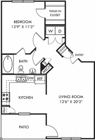 Avery. 1 bedroom apartment. Large kitchen. 1 full bathroom. Walk-in closet. Patio/balcony.