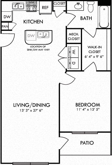 Duke. 1 bedroom apartment. Kitchen with island open to living/dinning rooms. 1 full bathroom. Walk-in closet. Patio/balcony.