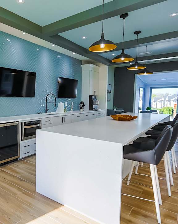 a rendering of a living room with a bar and a kitchen