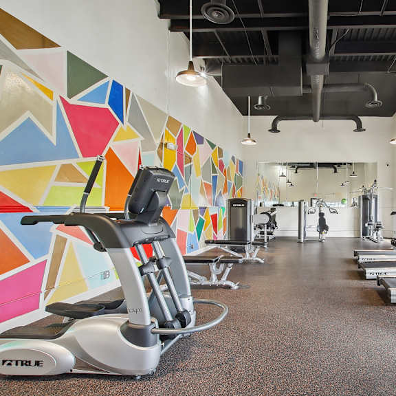 a gym with treadmills and weights and a colorful wall