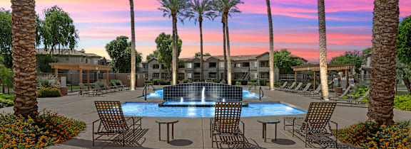 A residential area with houses and a swimming pool.