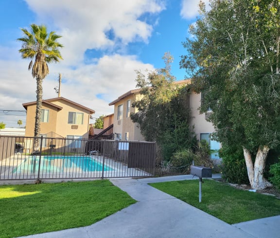 a backyard with a pool and a house with a palm tree